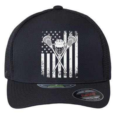 Lacrosse Player Gift LAX American Flag Flexfit Unipanel Trucker Cap