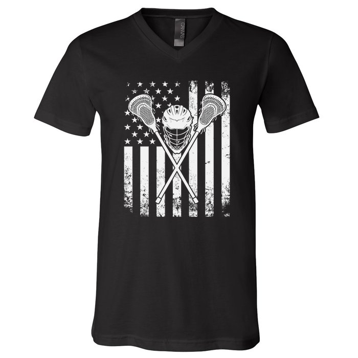 Lacrosse Player Gift LAX American Flag V-Neck T-Shirt