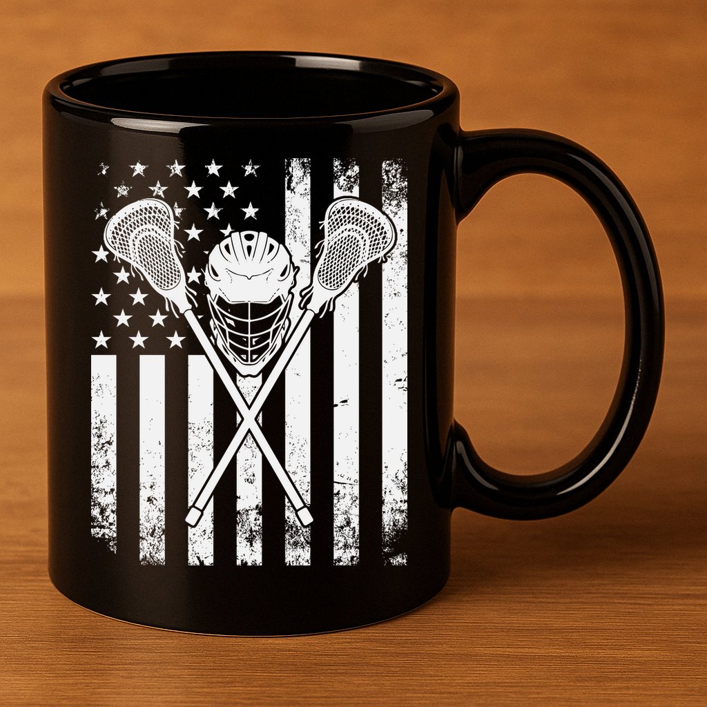Lacrosse Player Gift LAX American Flag 11oz C Handle Ceramic Mug
