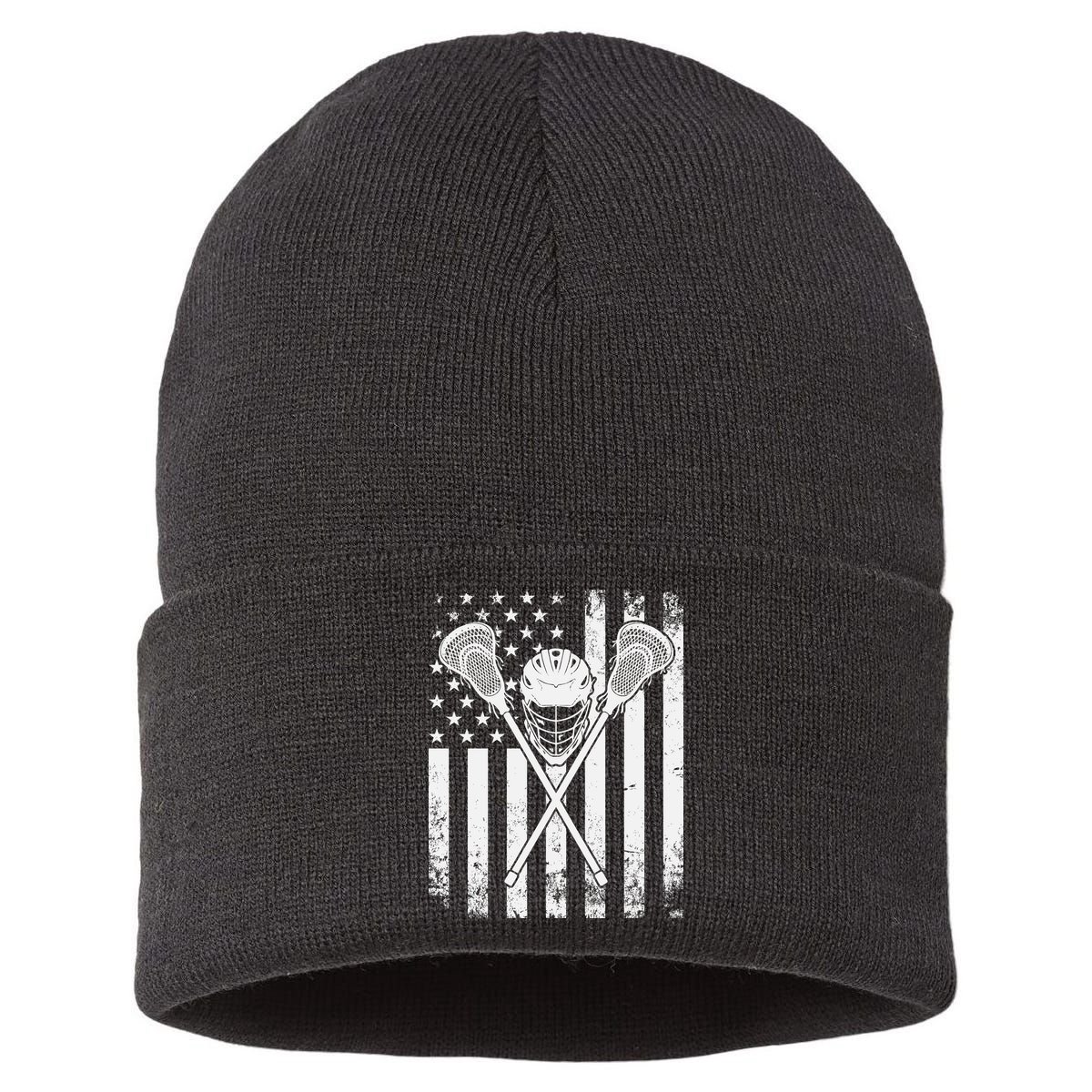Lacrosse Player Gift LAX American Flag Sustainable Knit Beanie