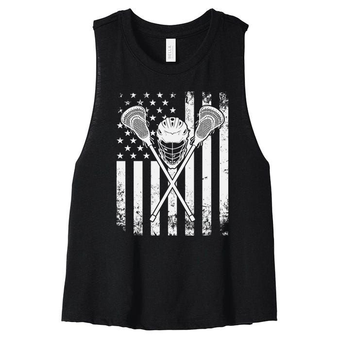 Lacrosse Player Gift LAX American Flag Women's Racerback Cropped Tank