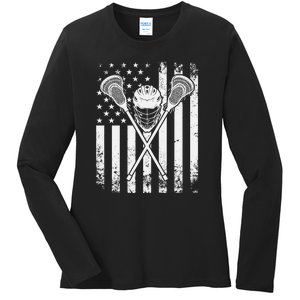 Lacrosse Player Gift LAX American Flag Ladies Long Sleeve Shirt