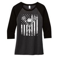 Lacrosse Player Gift LAX American Flag Women's Tri-Blend 3/4-Sleeve Raglan Shirt