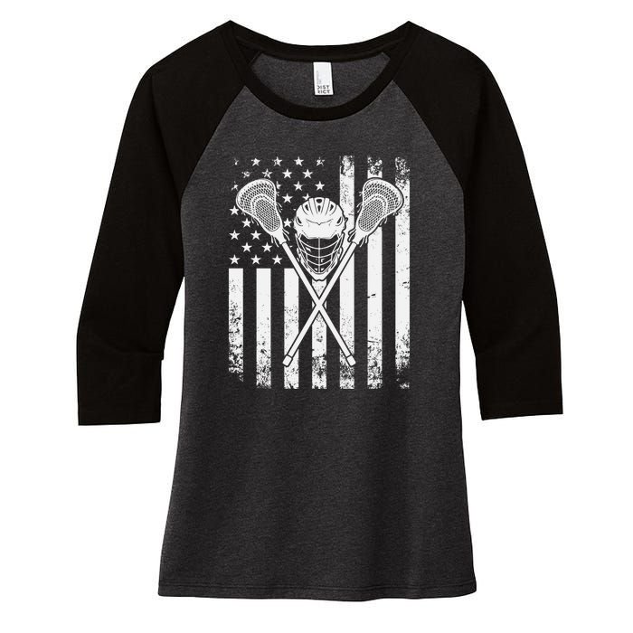 Lacrosse Player Gift LAX American Flag Women's Tri-Blend 3/4-Sleeve Raglan Shirt