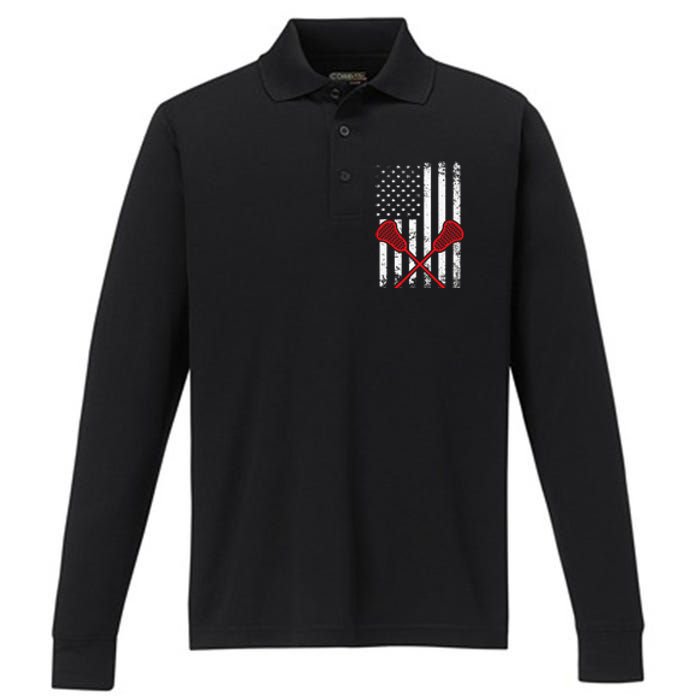 Lacrosse LAX American USA Flag Performance Long Sleeve Polo