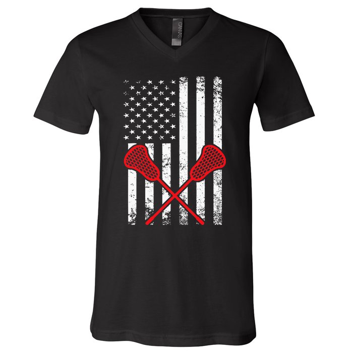 Lacrosse LAX American USA Flag V-Neck T-Shirt