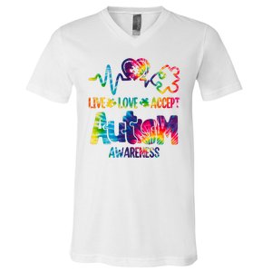 Live Love Accept Autism Awareness Colorful V-Neck T-Shirt