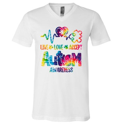 Live Love Accept Autism Awareness Colorful V-Neck T-Shirt