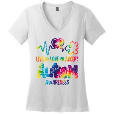 Live Love Accept Autism Awareness Colorful Women's V-Neck T-Shirt