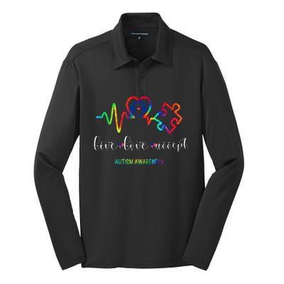 Live Love Accept Autism Awareness month Silk Touch Performance Long Sleeve Polo