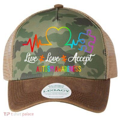 Live Love Accept Autism Awareness Tie Dye Puzzle HeartBeat Legacy Tie Dye Trucker Hat