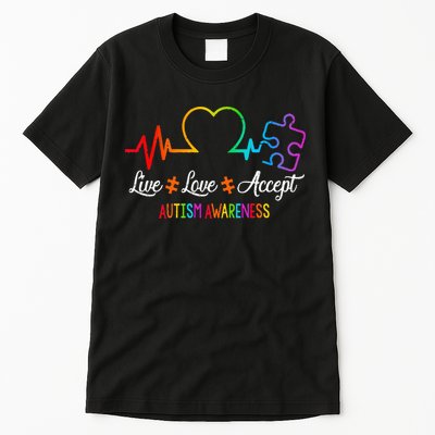 Live Love Accept Autism Awareness Tie Dye Puzzle HeartBeat Tall T-Shirt