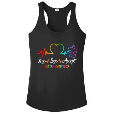 Live Love Accept Autism Awareness Tie Dye Puzzle HeartBeat Ladies PosiCharge Competitor Racerback Tank