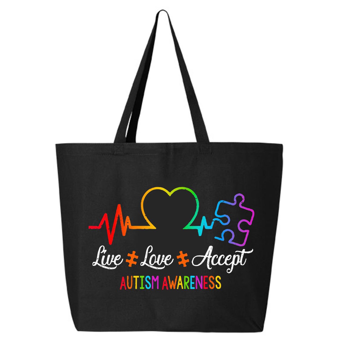 Live Love Accept Autism Awareness Tie Dye Puzzle HeartBeat 25L Jumbo Tote