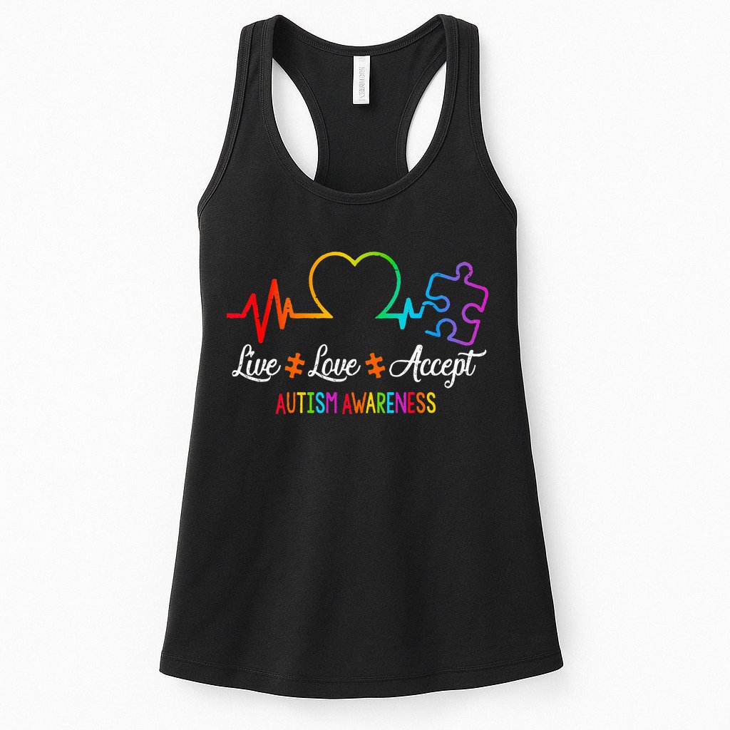 Live Love Accept Autism Awareness Tie Dye Puzzle HeartBeat Womens Tank Top
