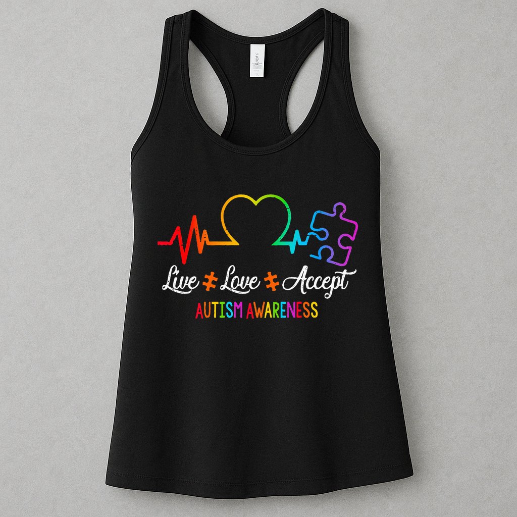 Live Love Accept Autism Awareness Tie Dye Puzzle HeartBeat Womens Tank Top