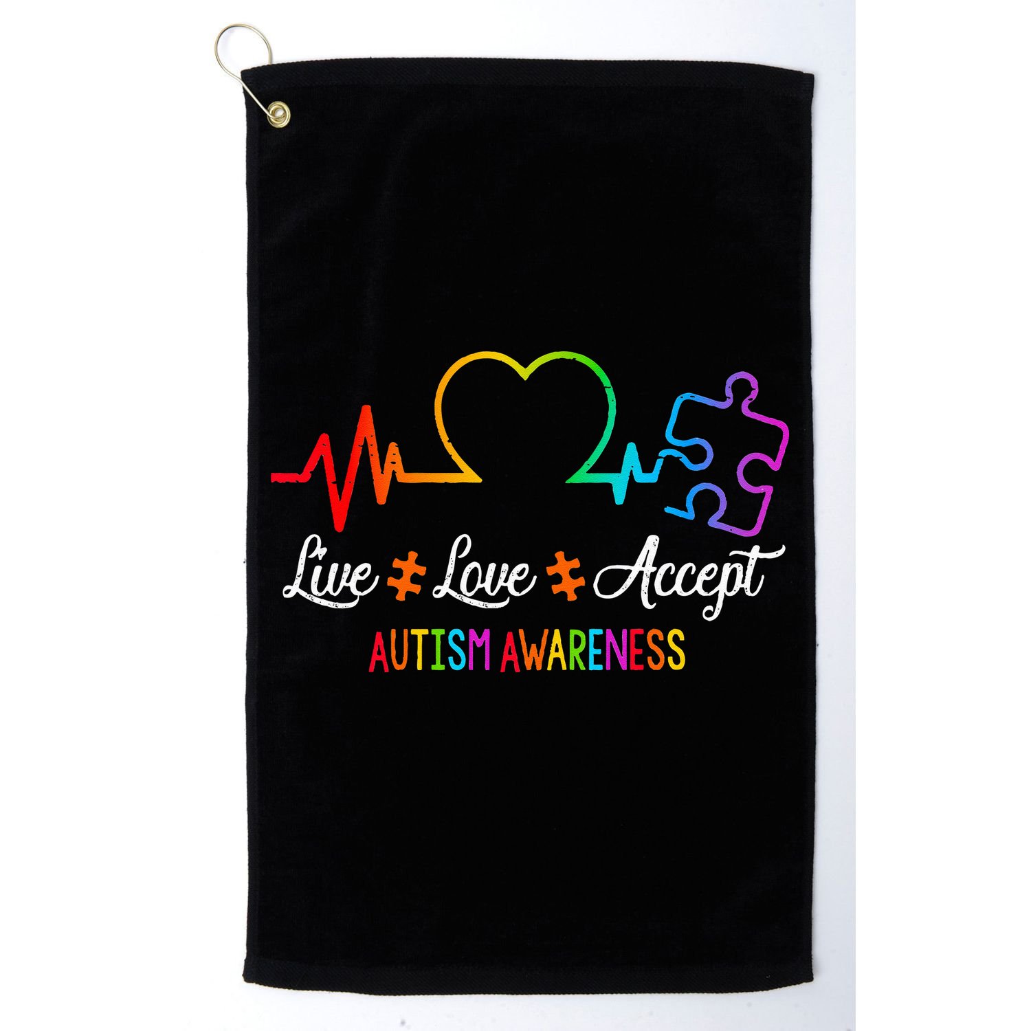 Live Love Accept Autism Awareness Tie Dye Puzzle HeartBeat Golf Towel