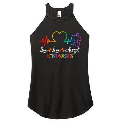 Live Love Accept Autism Awareness Tie Dye Puzzle HeartBeat Women's Perfect Tri Rocker Tank