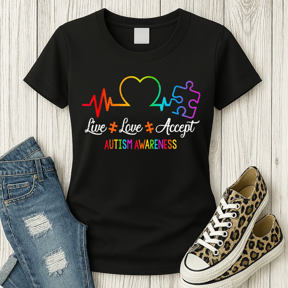 Live Love Accept Autism Awareness Tie Dye Puzzle HeartBeat Womens T-Shirt