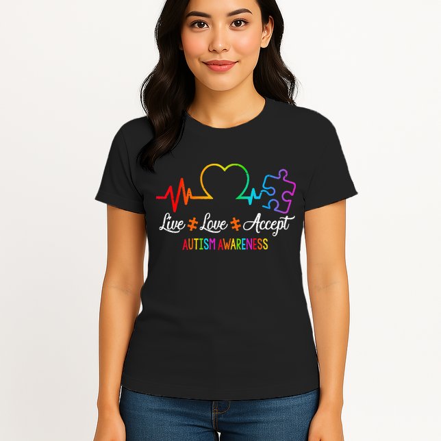 Live Love Accept Autism Awareness Tie Dye Puzzle HeartBeat Womens T-Shirt