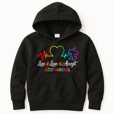 Live Love Accept Autism Awareness Tie Dye Puzzle HeartBeat Kids Hoodie