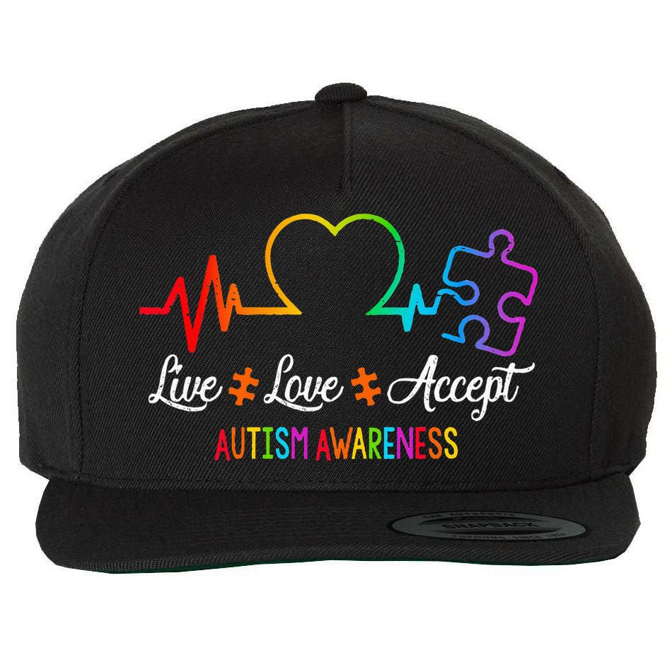 Live Love Accept Autism Awareness Tie Dye Puzzle HeartBeat Wool Snapback Cap