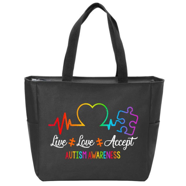 Live Love Accept Autism Awareness Tie Dye Puzzle HeartBeat Zip Tote Bag