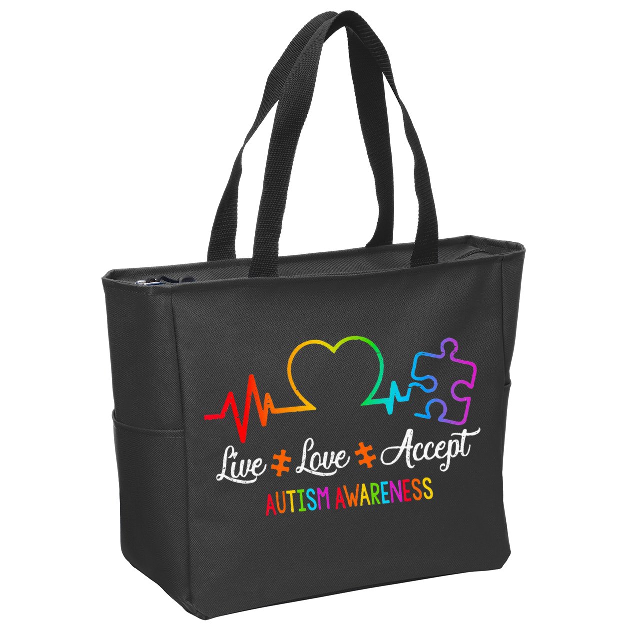 Live Love Accept Autism Awareness Tie Dye Puzzle HeartBeat Zip Tote Bag
