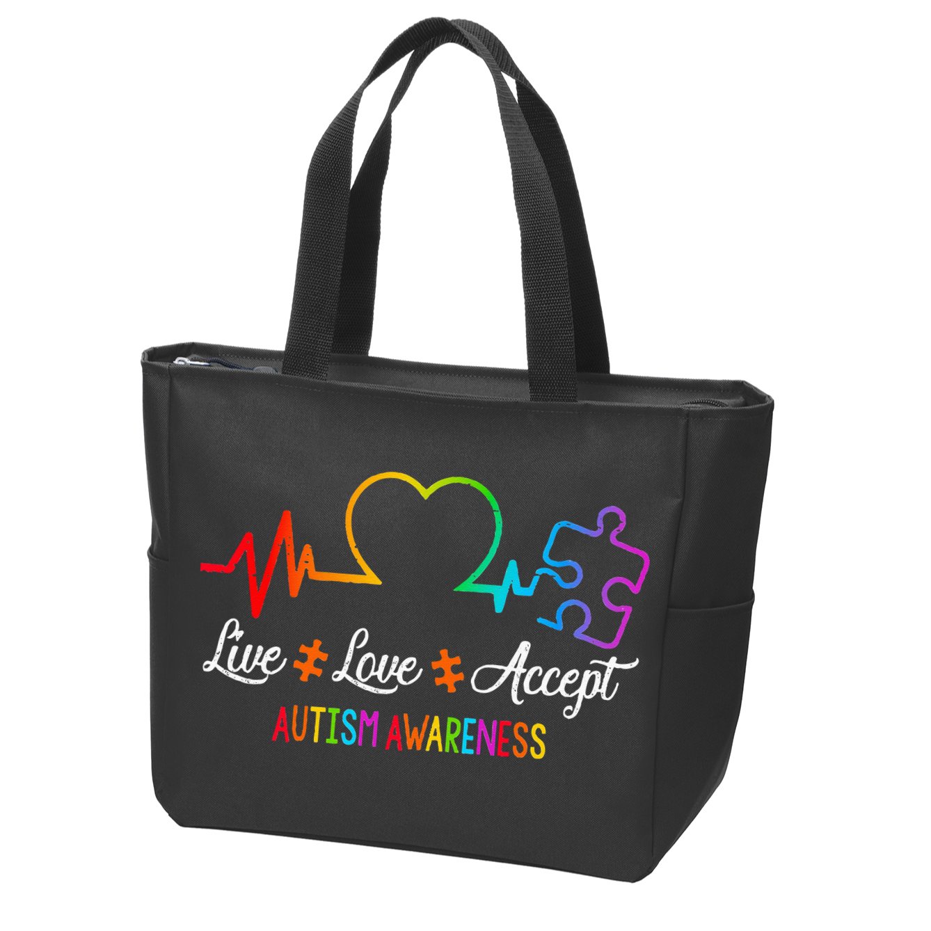 Live Love Accept Autism Awareness Tie Dye Puzzle HeartBeat Zip Tote Bag