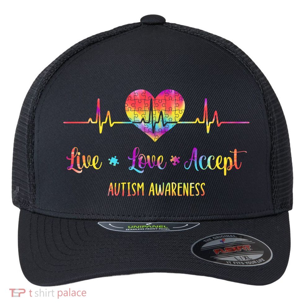 Live Love Accept Autism Awareness Tie Dye Autism Heartbeat Gift Flexfit Unipanel Trucker Cap