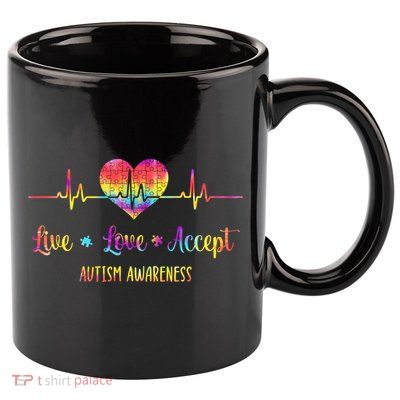 Live Love Accept Autism Awareness Tie Dye Autism Heartbeat Gift 11oz C Handle Ceramic Mug