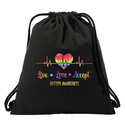 Live Love Accept Autism Awareness Tie Dye Autism Heartbeat Gift Drawstring Bag