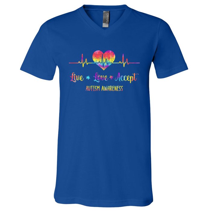 Live Love Accept Autism Awareness Tie Dye Autism Heartbeat Gift V-Neck T-Shirt