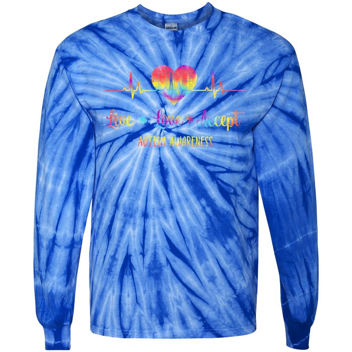 Live Love Accept Autism Awareness Tie Dye Autism Heartbeat Gift Tie-Dye Long Sleeve Shirt