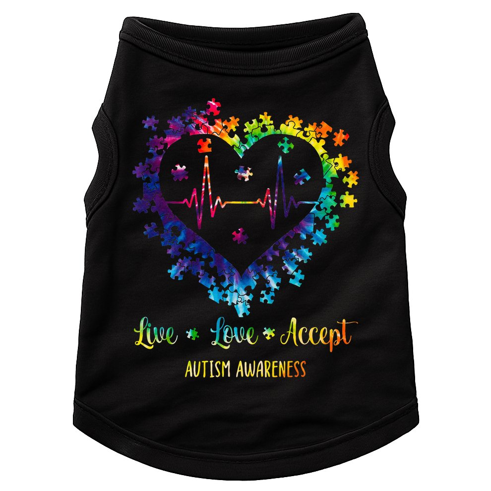 Live Love Accept Autism Awareness Tie Dye Autism Heartbeat Doggie Tank