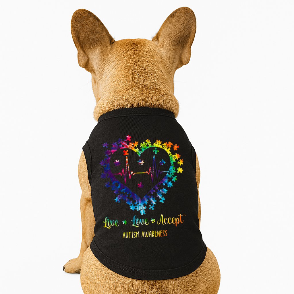 Live Love Accept Autism Awareness Tie Dye Autism Heartbeat Doggie Tank