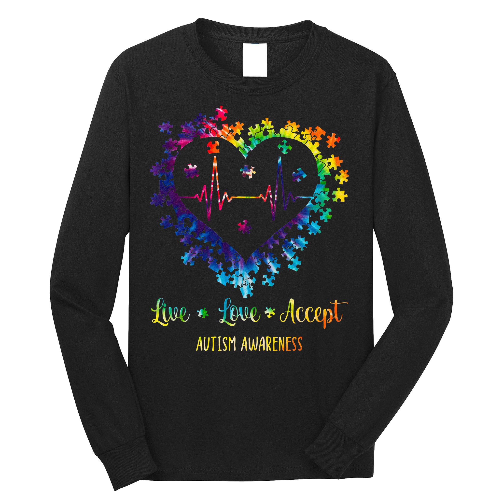 Live Love Accept Autism Awareness Tie Dye Autism Heartbeat Long Sleeve Shirt