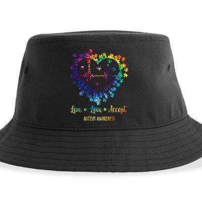 Live Love Accept Autism Awareness Tie Dye Autism Heartbeat Sustainable Bucket Hat