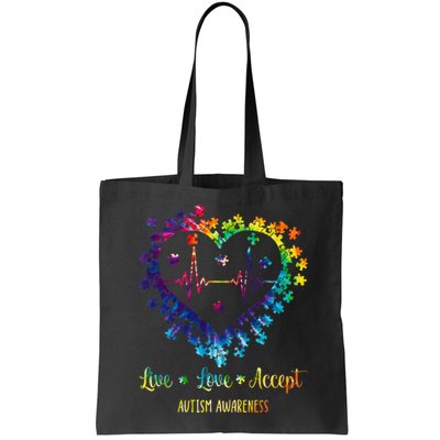 Live Love Accept Autism Awareness Tie Dye Autism Heartbeat Bag