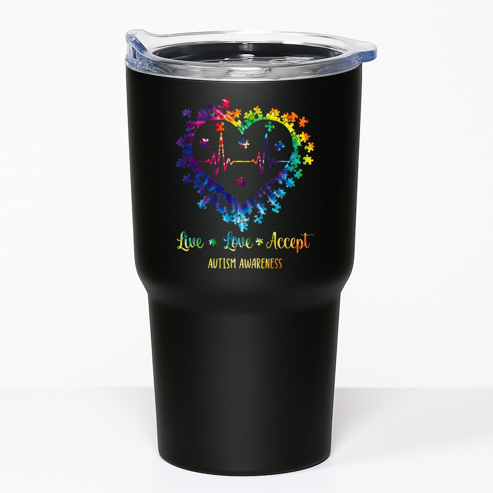 Live Love Accept Autism Awareness Tie Dye Autism Heartbeat Tumbler