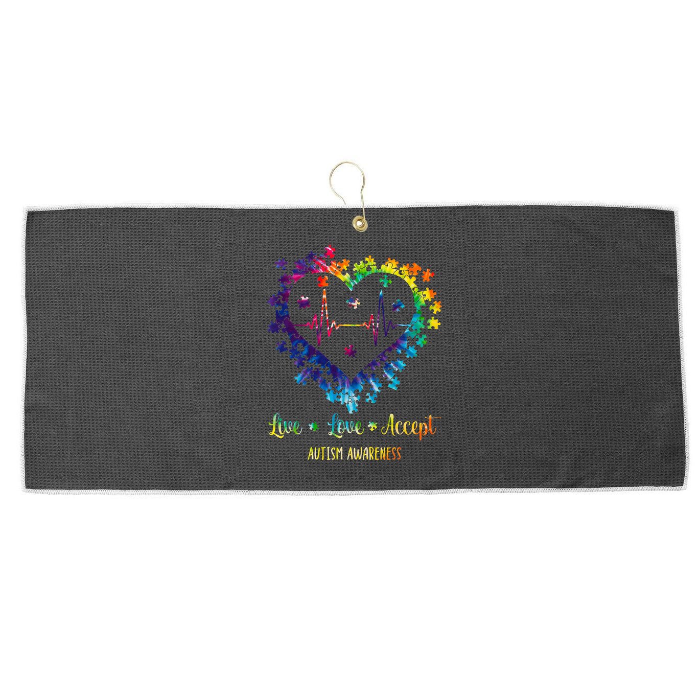 Live Love Accept Autism Awareness Tie Dye Autism Heartbeat Large Microfiber Waffle Golf Towel