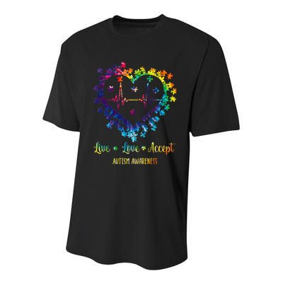 Live Love Accept Autism Awareness Tie Dye Autism Heartbeat Youth Performance Sprint T-Shirt