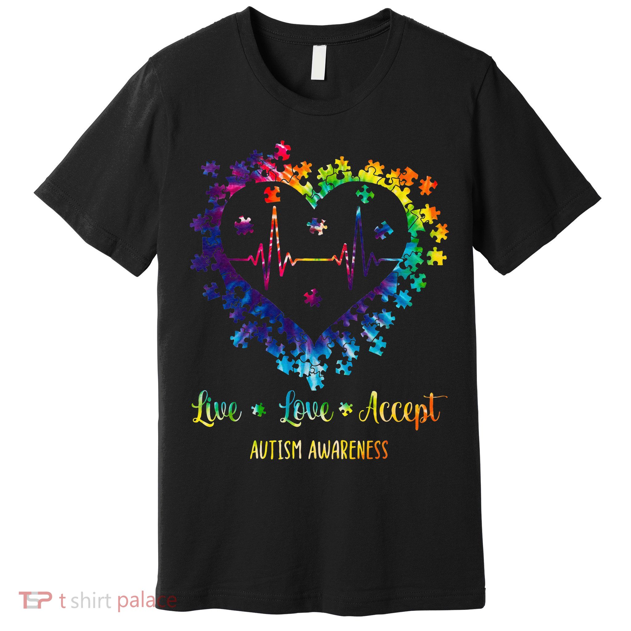 Live Love Accept Autism Awareness Tie Dye Autism Heartbeat Premium T-Shirt