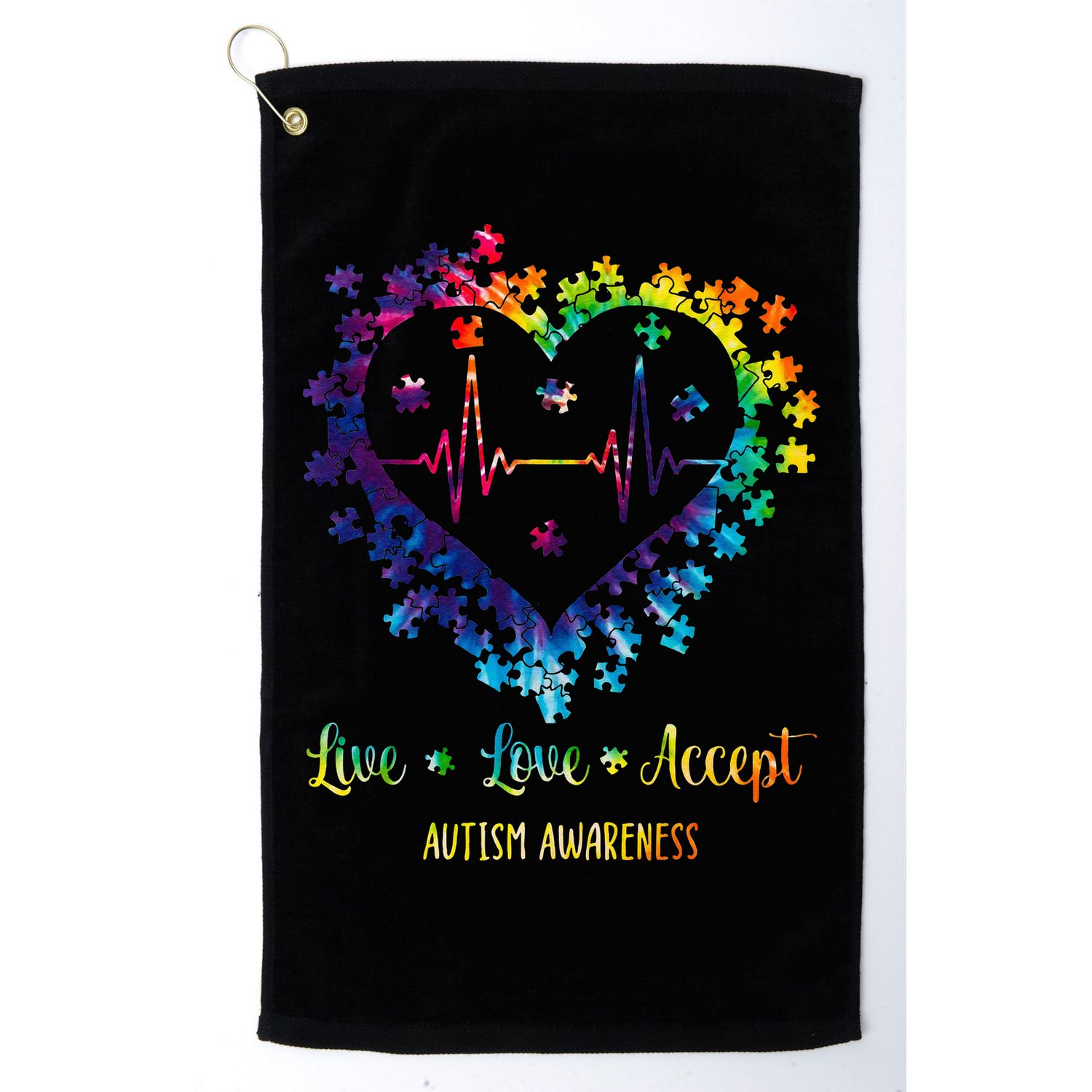 Live Love Accept Autism Awareness Tie Dye Autism Heartbeat Golf Towel