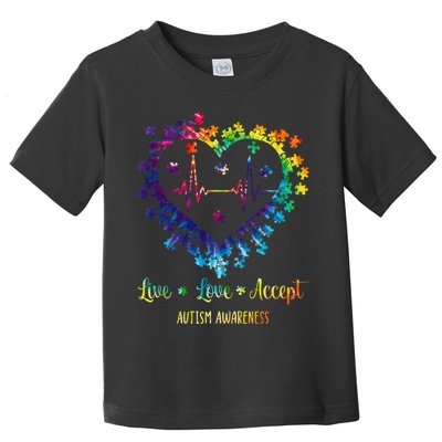 Live Love Accept Autism Awareness Tie Dye Autism Heartbeat Toddler T-Shirt