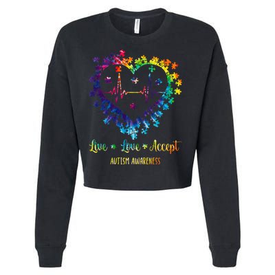 Live Love Accept Autism Awareness Tie Dye Autism Heartbeat Cropped Pullover Crew