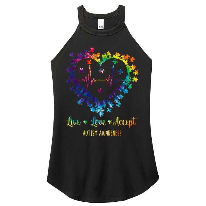 Live Love Accept Autism Awareness Tie Dye Autism Heartbeat Women's Perfect Tri Rocker Tank