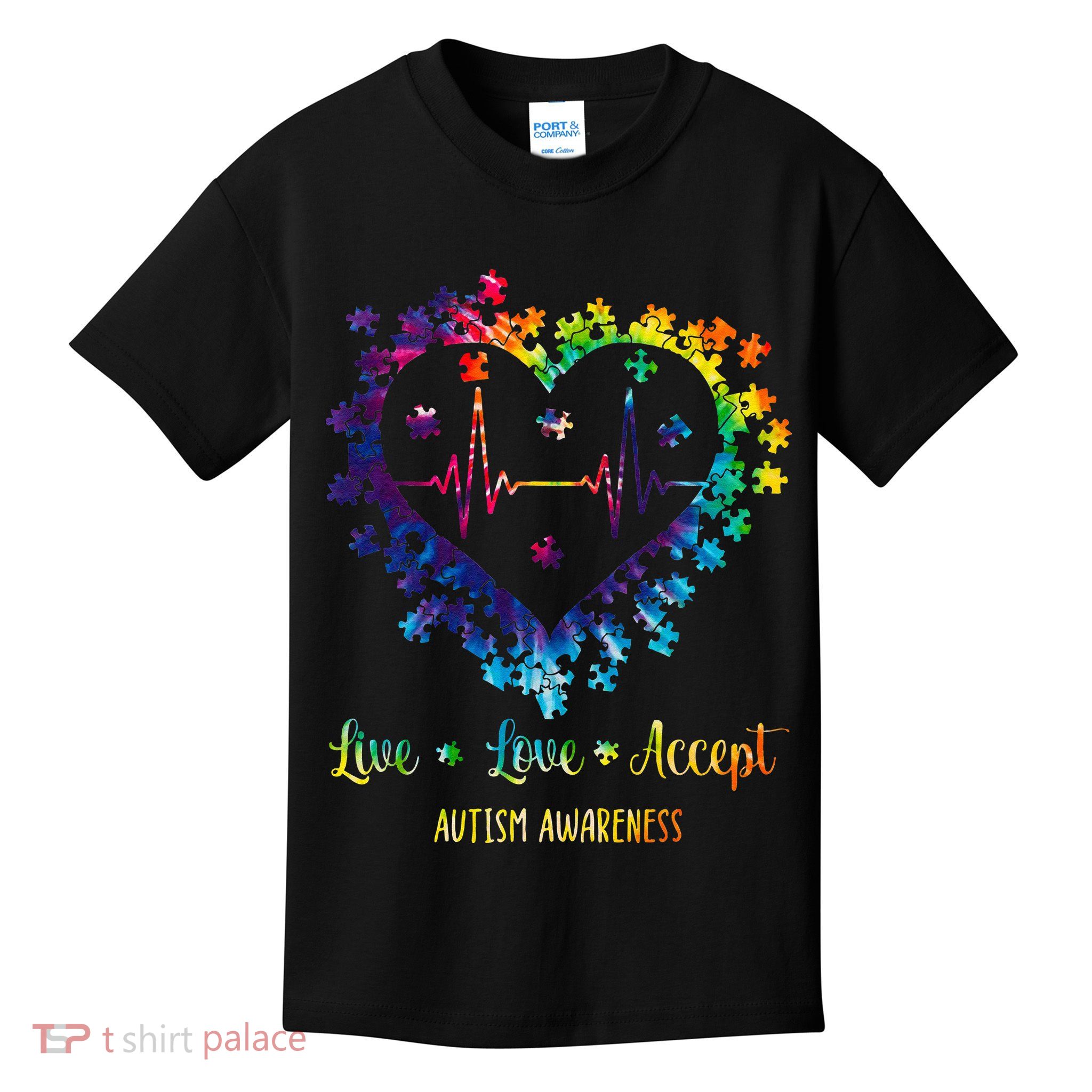 Live Love Accept Autism Awareness Tie Dye Autism Heartbeat Kids T-Shirt