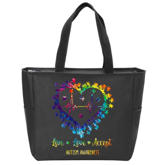 Live Love Accept Autism Awareness Tie Dye Autism Heartbeat Zip Tote Bag