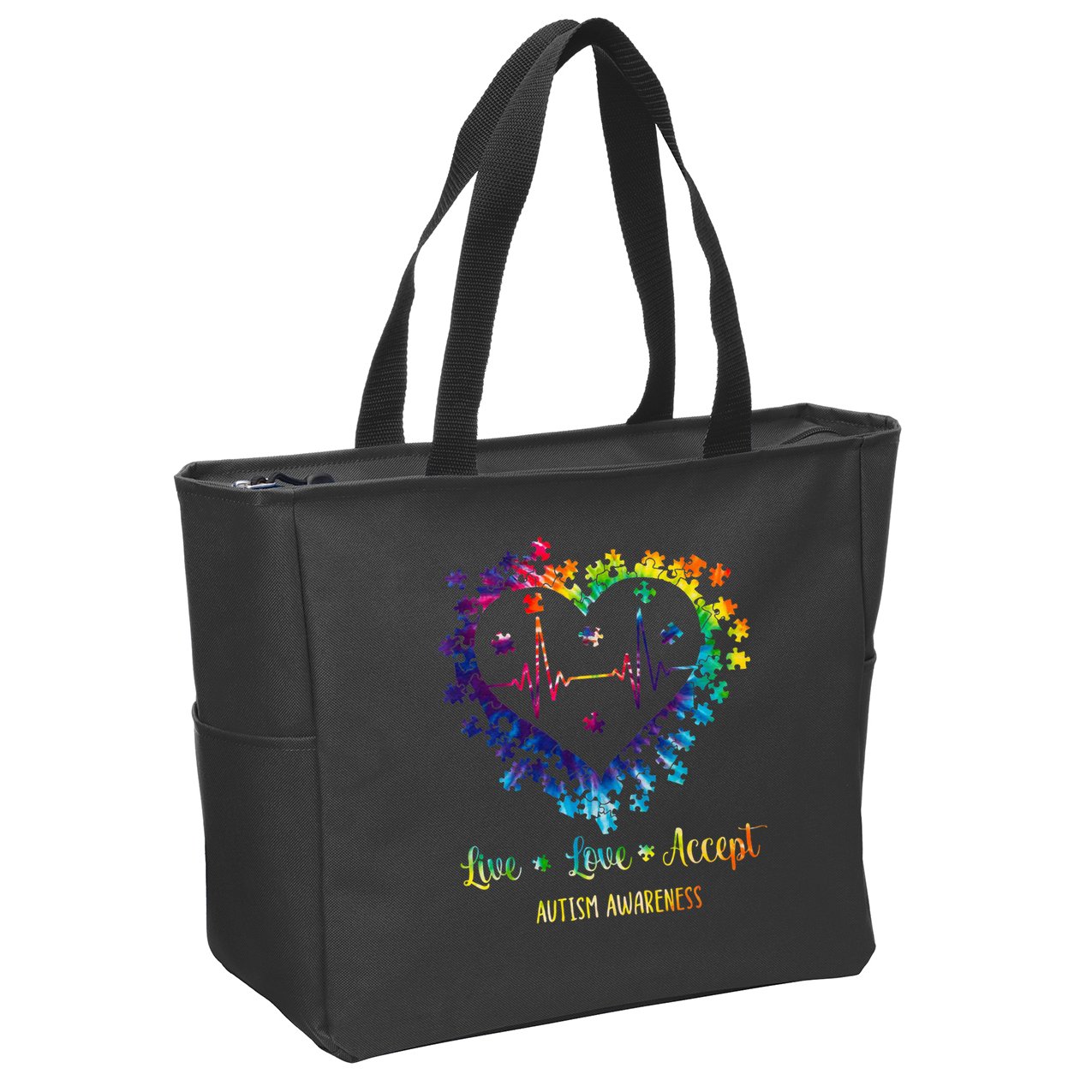 Live Love Accept Autism Awareness Tie Dye Autism Heartbeat Zip Tote Bag